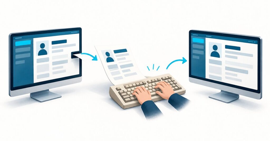 Zwei moderne Systeme mit denselben Profilangaben: Dazwischen wird ein ausgedruckter Lebenslauf auf einer alten Tastatur erneut eingegeben. Redaktionelle KI-Illustration.