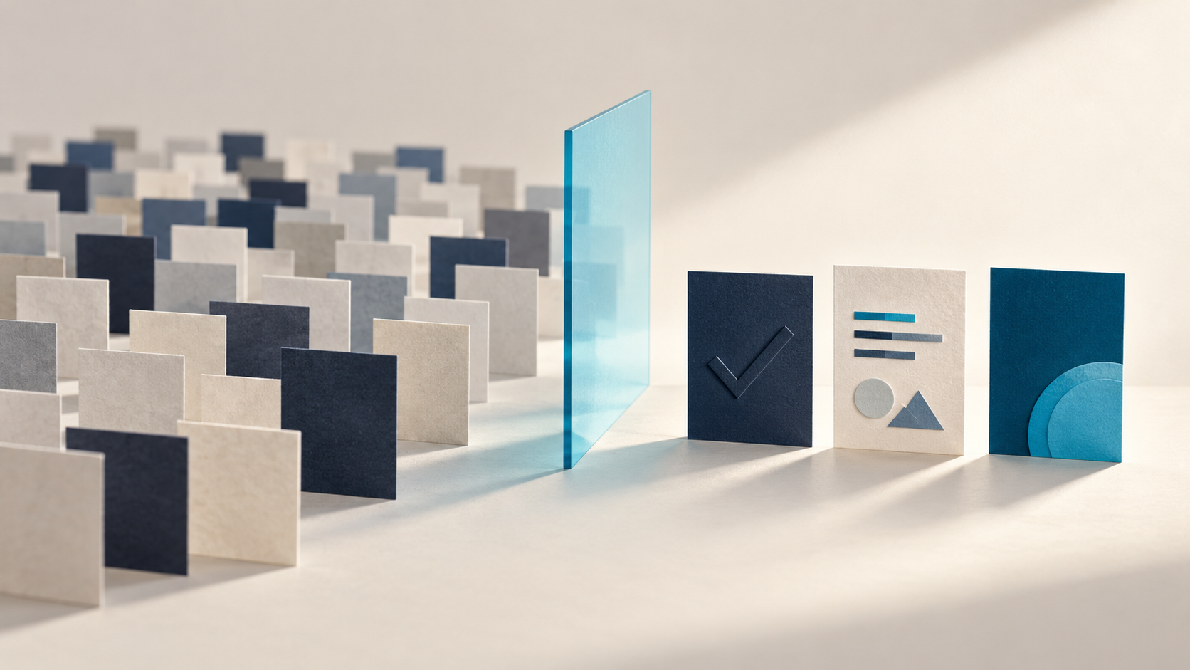 Viele Anbieter-Karten vor einem blauen Filter, drei ausgewählte Karten dahinter: Illustration einer KI-Vorauswahl.